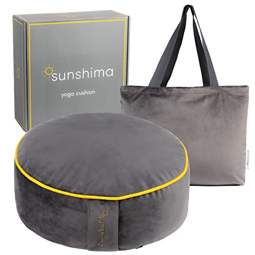 Sunshima Yoga Meditationskissen - Zafu Yogakissen, rundes Buchweizen- und Lavendel-Bodenkissen aus luxuriösem Samtstoff mit wunderschöner Goldener Verzierung, Geschenkbox und Tragetasche