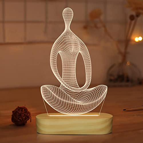 Yoga Lampe LED 3D Kunst Nachtlicht für Mädchen Frauen Meditation Liebhaber Geburtstagsgeschenke, USB Power Warme Farbe Holz Basis Tischlampen