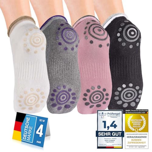 Body & Mind® Damen Yogasocken rutschfeste Socken für Yoga, Pilates, Aerobic und Fitness-Training; Stoppersocken (4 Paare)