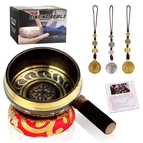 MXTIMWAN Tibetische Klangschale Tibetische Klangschale aus Nepal Klangschalen Set mit 3 verheißungsvollen Kupferornamenten, Klangschalenkissen und Holz-/Lederklöppel in Geschenk-Box