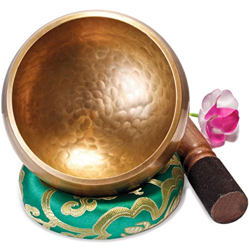 Große Original Tibetische Klangschale - 13cm. Klangschalen Set mit Klöppel und Klangschalenkissen in Loktapapier Geschenk-Box. Singing Bowl aus Tibet